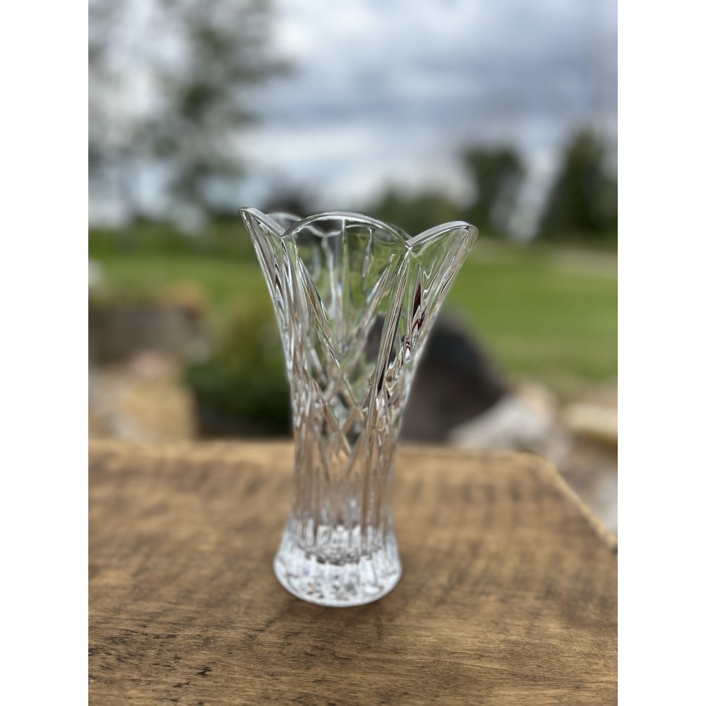 Vintage Cut Crystal Vase 9" Diamond Starburst Flared Scalloped Rim Heavy Glass